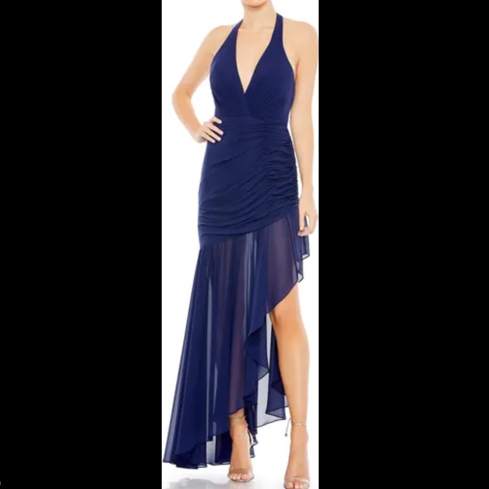 Mac Duggal Ieena Ruched Asymmetric Chiffon Dress Size 14 Women Feminine Navy